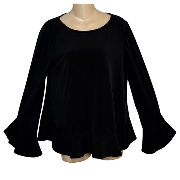 Laundry By Shelli Segal Women's Small Black L/S Ruffle Hem Top Bell Sleeves - Picture 5 of 8